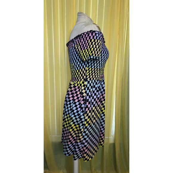 Hot Topic Rainbow Checkerboard Off-The-Shoulder Smocked Dress Size L - Picture 3 of 6